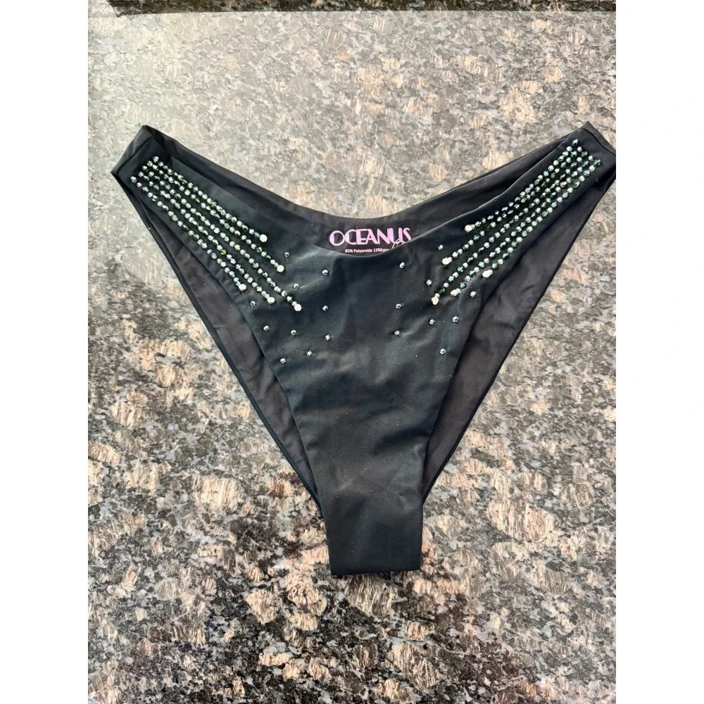 Oceanus Black‎ Beaded High Cut Bikini Bottoms V-Front Swimwear Made in London L